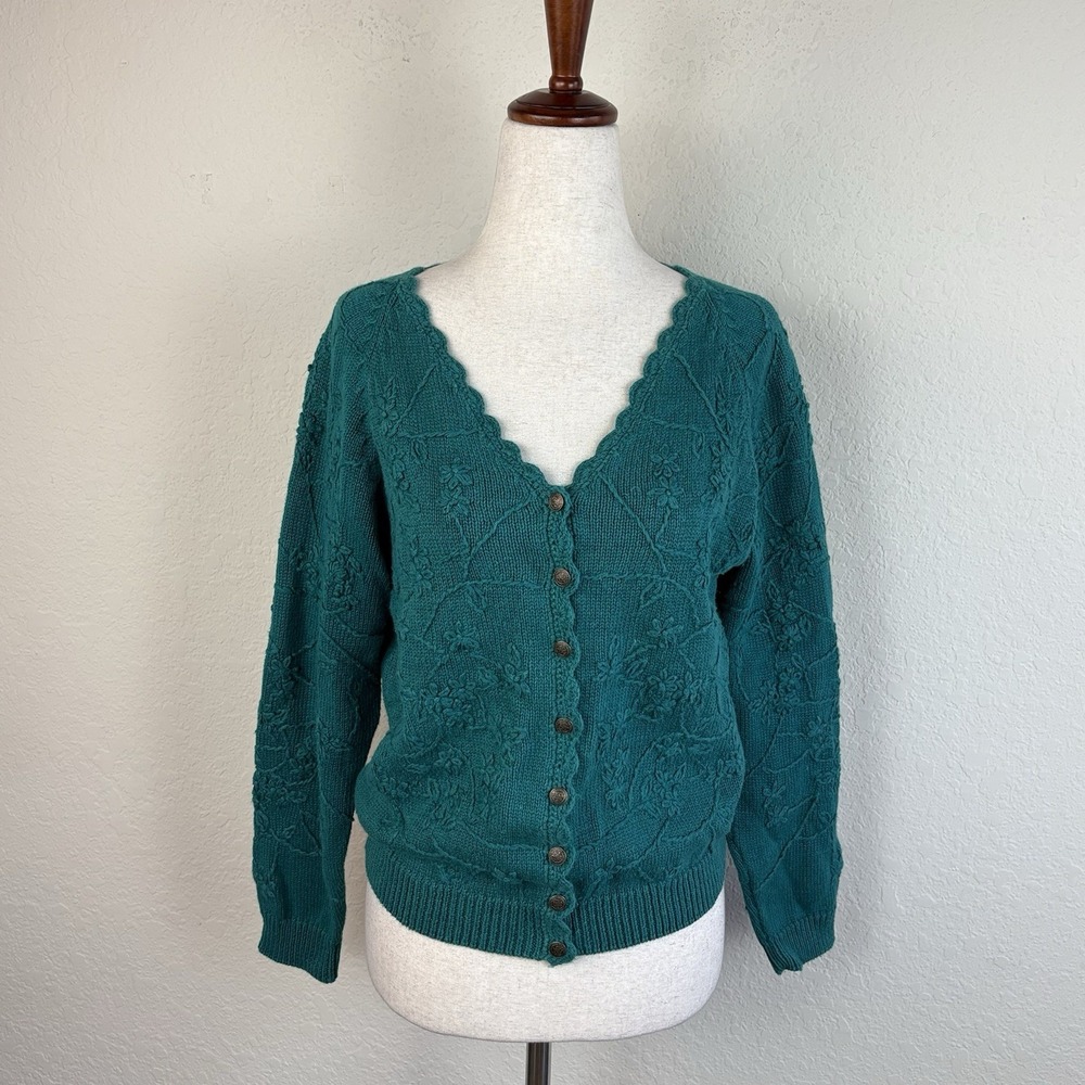 Vintage M Cottage Core Cardigan Sweater Embroidered Floral Turquoise Granny 90s